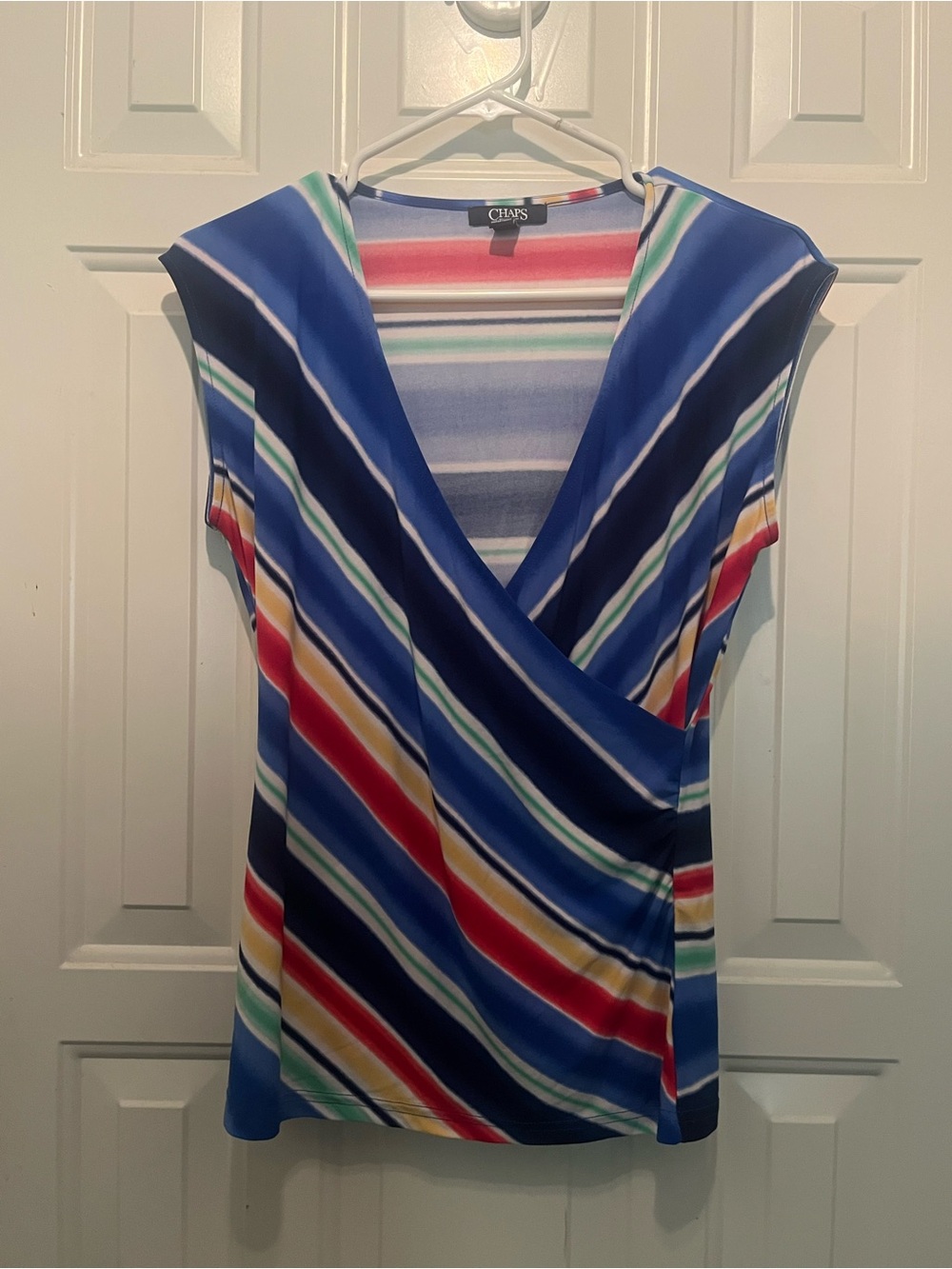 Chaps Wrap Style Blouse Vibrant Multicolor Striped in Blue, Red, Green, Yellow